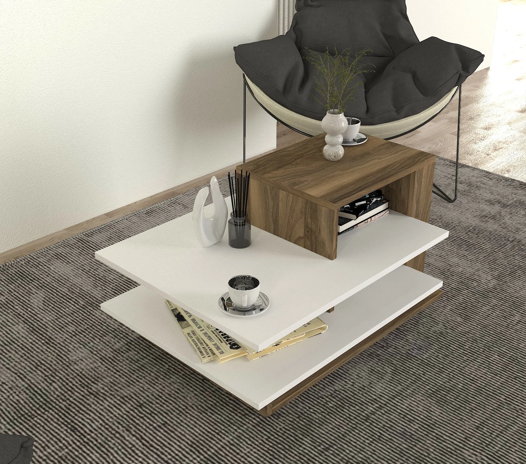 Tavolinë e ulët Skye Decor, Venüs, e bardhë dhe arre