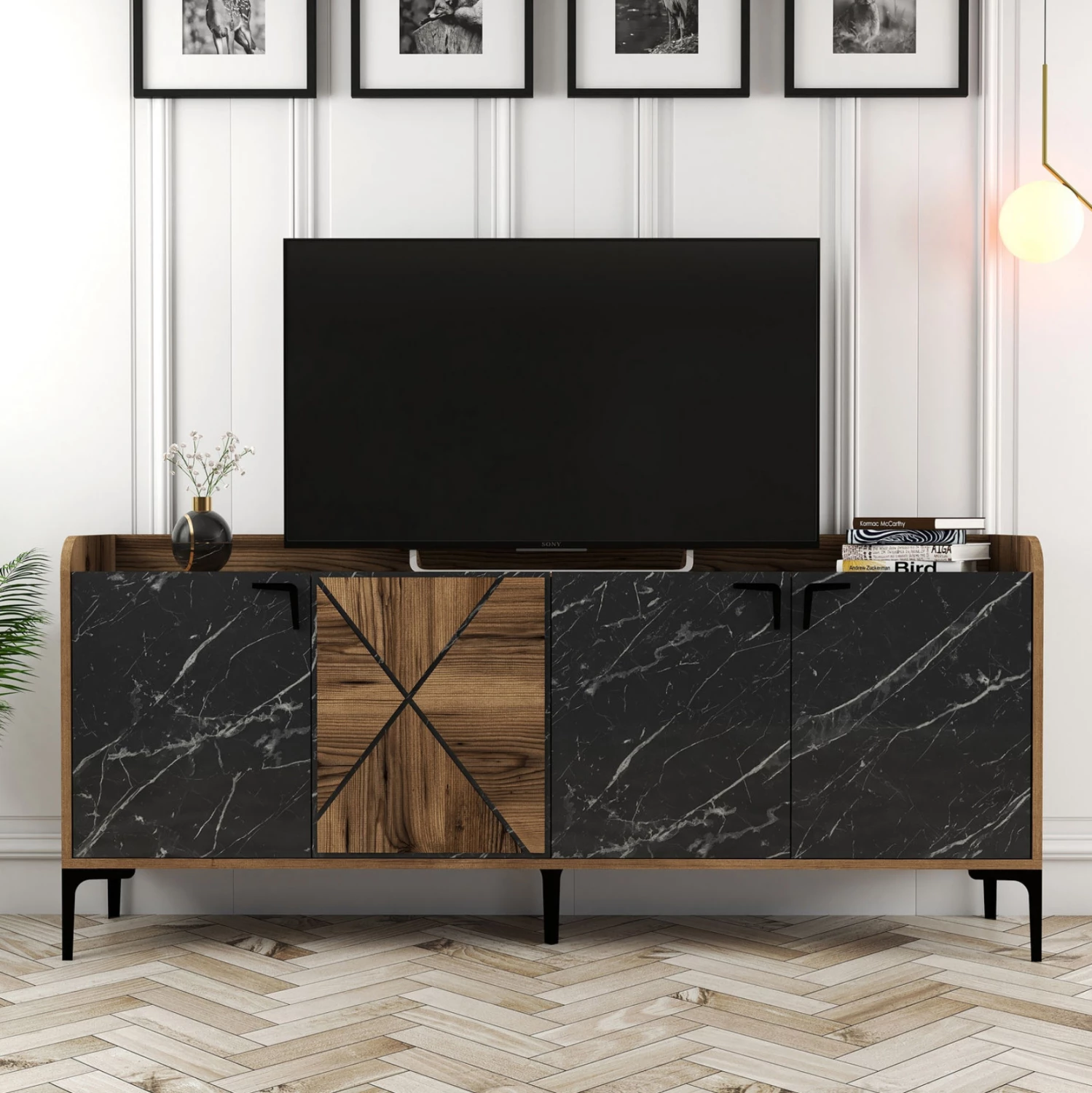 Bufet melamine, ngjyrë arre me dyer pamje mermeri të zi, FH9433.03, 180x35x78 cm
