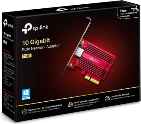 Kartelë rrjeti PCIe TP-LINK TX401 10 Gigabit (10GbE) RJ45, me kabllo CAT6A 1.5m, e kuqe