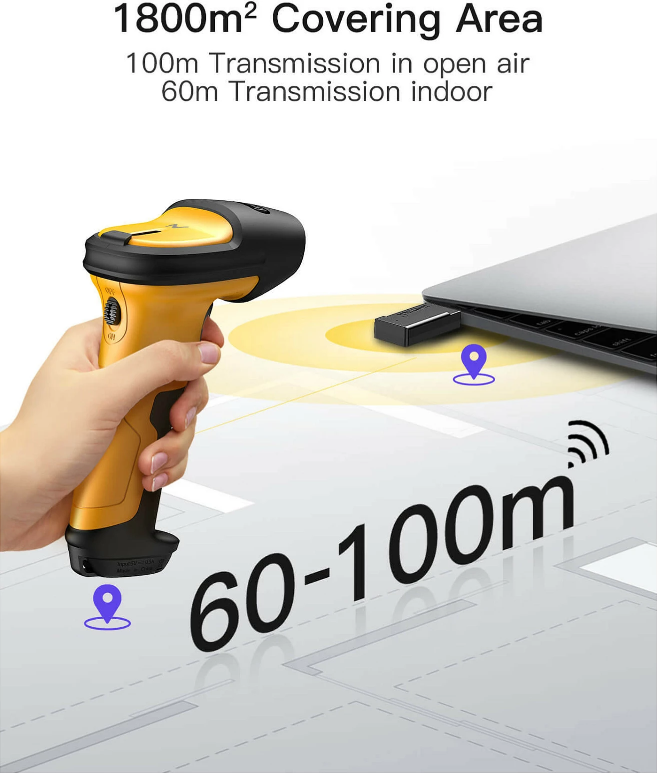 Skaner barkodi Inateck P6-AI, 1D lazer, Bluetooth/2.4G/USB, bateri 2600mAh, zi/verdhe