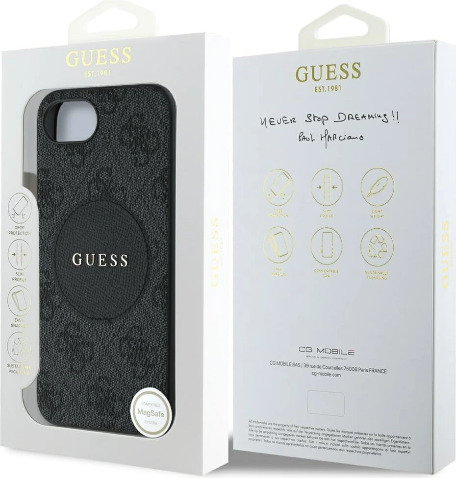 Mbështjellës Guess 4G Circle Classic Logo MagSafe për iPhone 16e, i zi