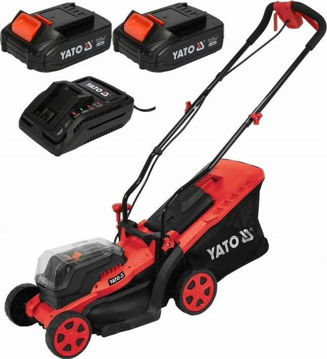Kositëse bari me bateri Yato YT-85220 36 V, 34 cm, kosh 35 L, 2x2.0 Ah, e kuqe/zezë, set me 2 bateri + karikues