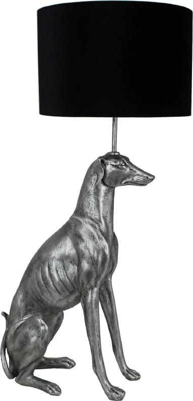 Llambë tavoline dekorative, formë qeni, polirezine argjendi, abazhuri i zi, 42x30x80cm