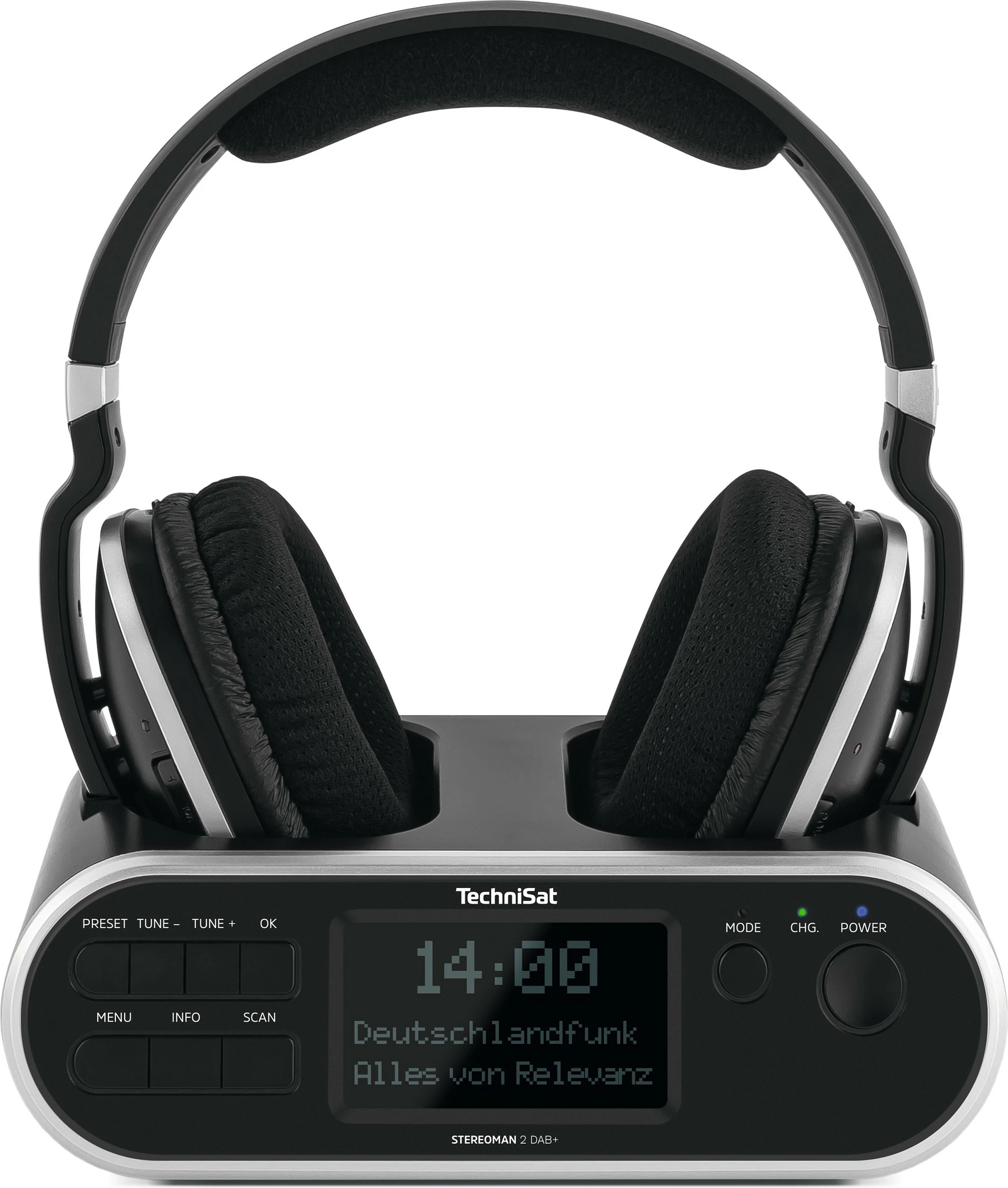 Kufje TechniSat StereoMan 2 DAB+, me kabllo & wireless, stacion bazë me DAB+/FM, 3.5mm AUX, zezë