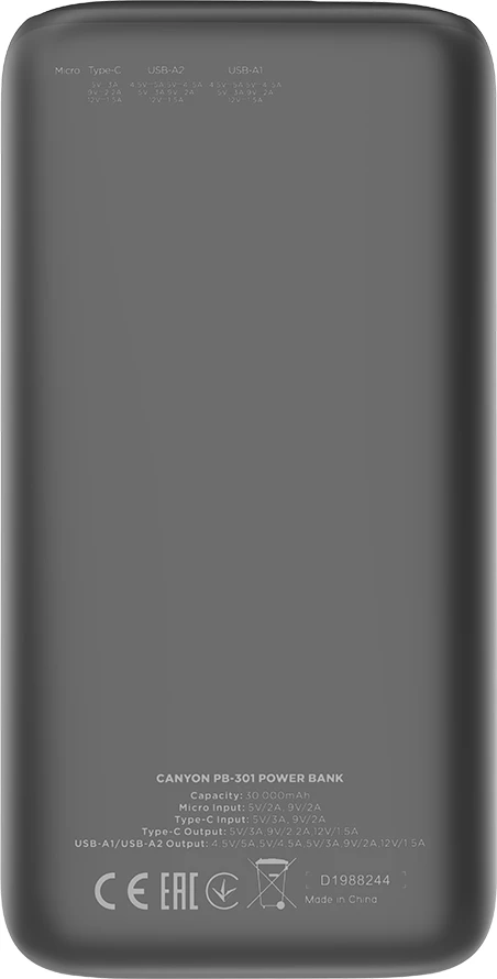 Power bank CANYON PB-301 30000 mAh PD 20W QC 3.0, e zezë