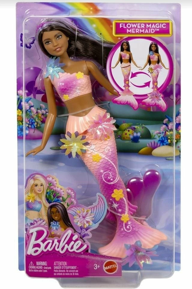 Kukull Mattel Barbie Flower Magic Mermaid JDM73, transformim lulesh, e papërshkueshme nga uji, 1 copë, flokë kafe