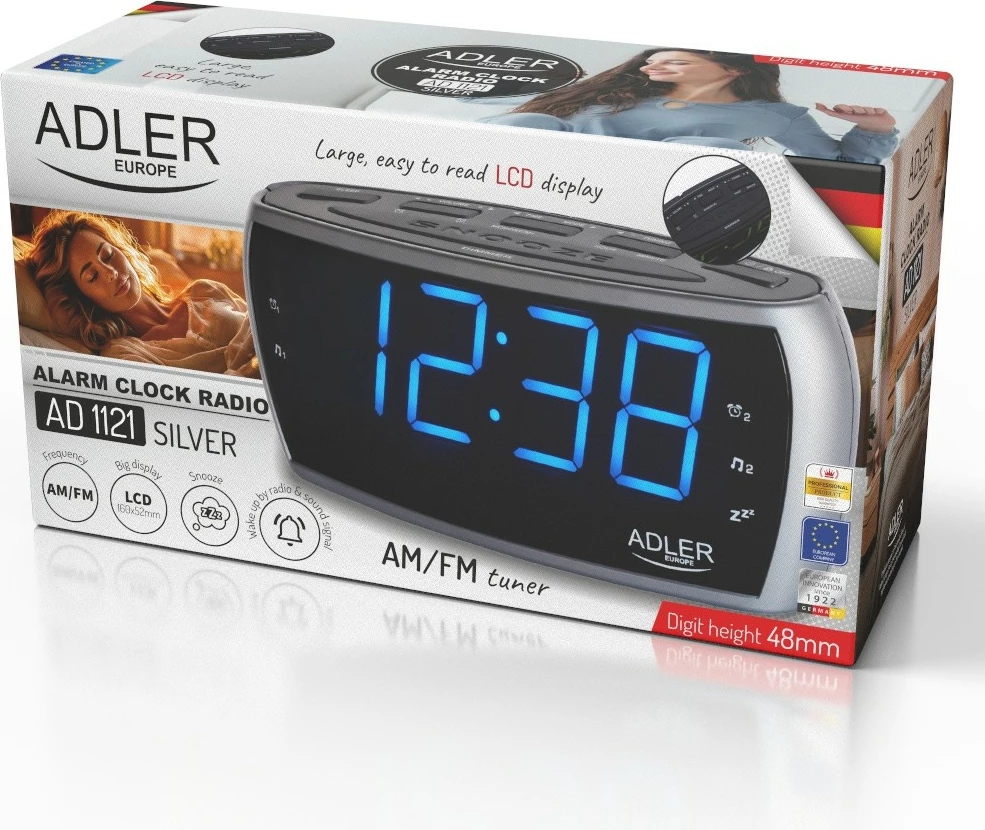Orë alarmi me radio, Adler AD1121S, AM/FM, ekran LED 5 cm, dy alarme, 10 preset-e, e zezë