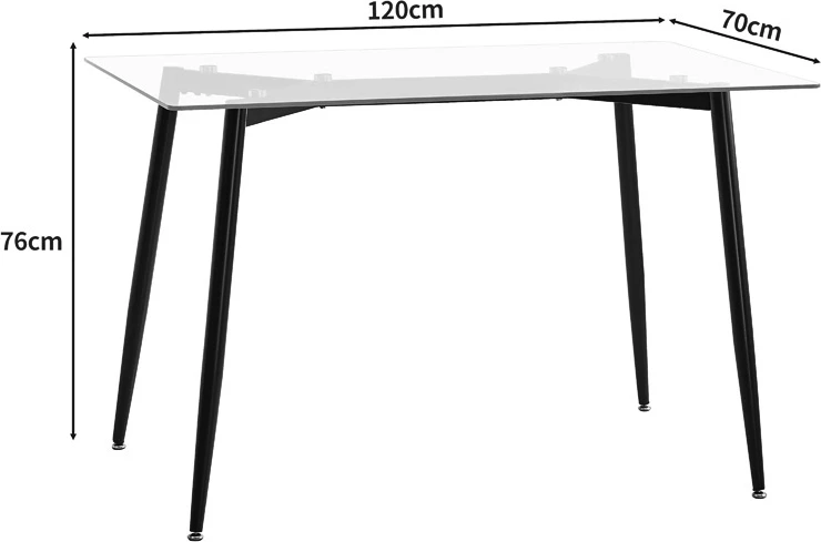 Tavolinë ngrënieje QUANA, xham transparent, këmbë të zeza, 120x70x75cm