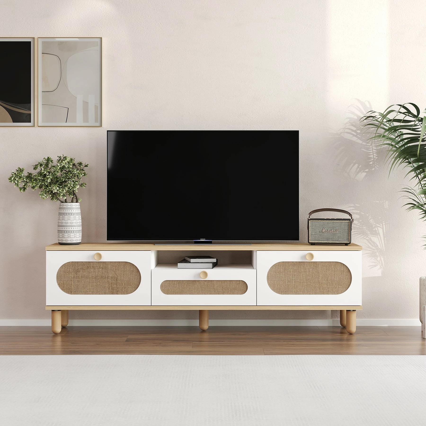 Komodë TV Skye Decor, bohem, ngjyrë lis safir, e bardhë