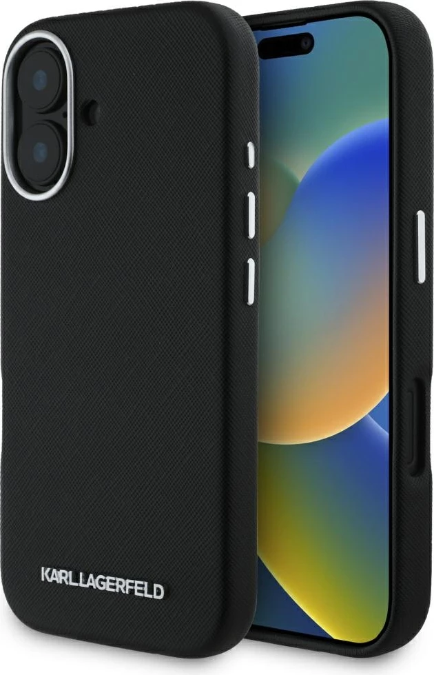 Mbështjellës Karl Lagerfeld Saffiano Full Wrapped Elongated Metal Logo MagSafe për iPhone 16, i zi