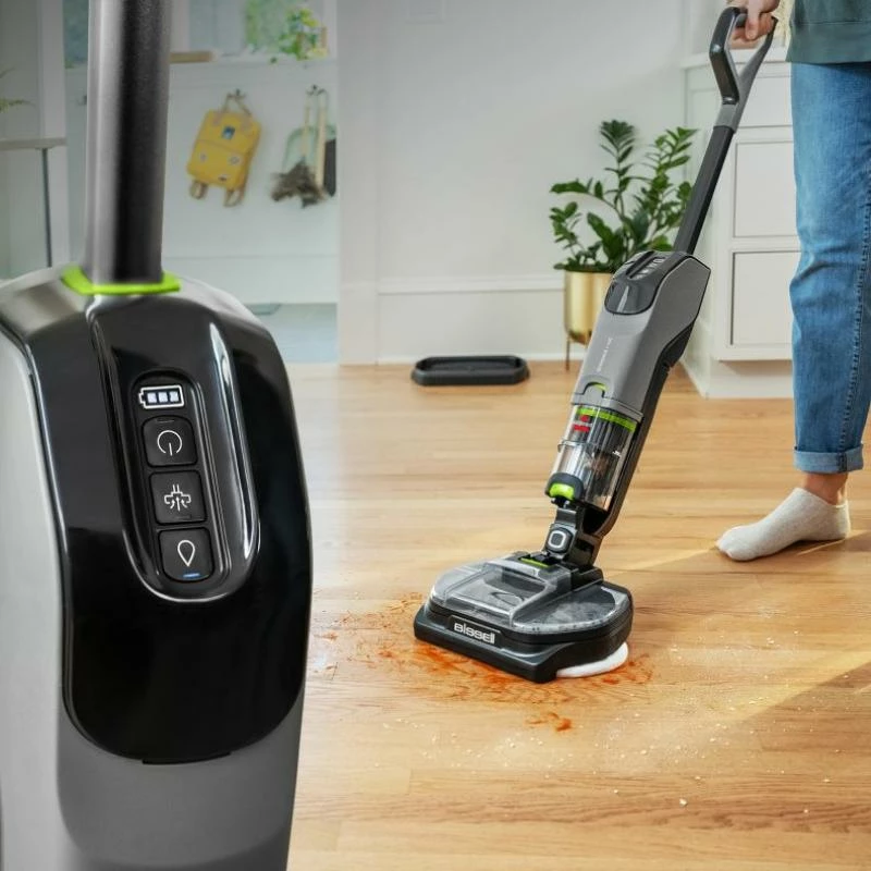 Pastruese dyshemeje me vakum dhe mop pa kabllo, Bissell SpinWave Vac Pet Pro 3898N, 3 moda, autonomi deri 70 min, për shtëpi me kafshë, e zezë/gri, set me jastëkë shtesë dhe solucion 236 ml