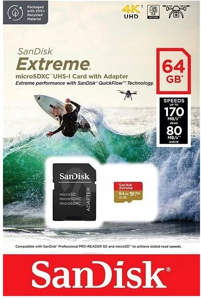 Kartelë memorje microSDXC SanDisk Extreme SDSQXAH-064G-GN6AA 64GB 170MB/s 80MB/s A2 U3 V30 C10, e kuqe/ari, set me adapter SD