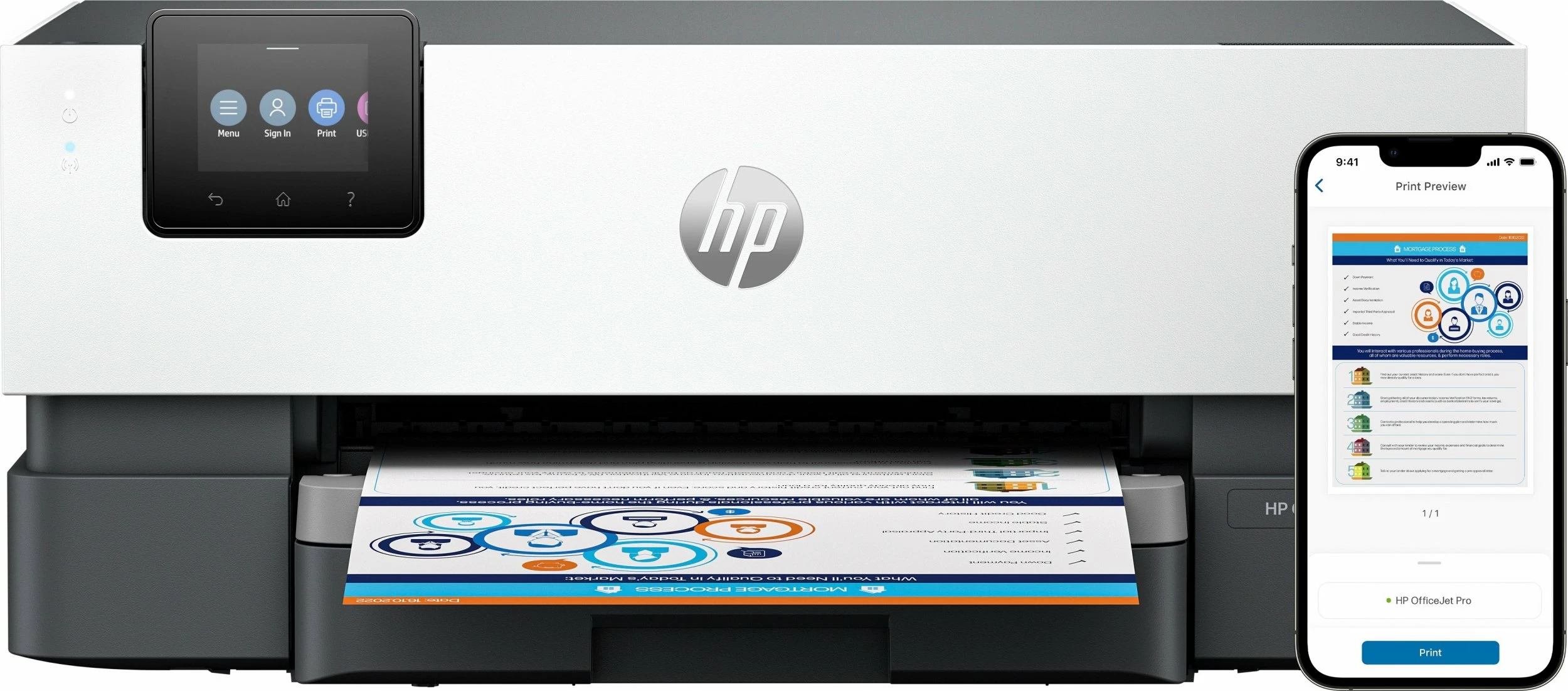Printer inkjet HP OfficeJet Pro 9110b (5A0S3B) A4, Wi‑Fi, Duplex, 250 fletë, 4 kartrixhe, Ethernet/USB, ekran me prekje, Bardhë/Gri