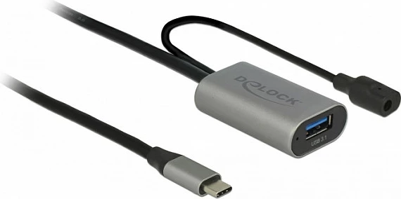 Kabllo aktive zgjatëse USB DeLOCK 85391, USB-C në USB-A (femër), 5 m, USB 3.2 Gen 1, me hyrje DC, zi/gri