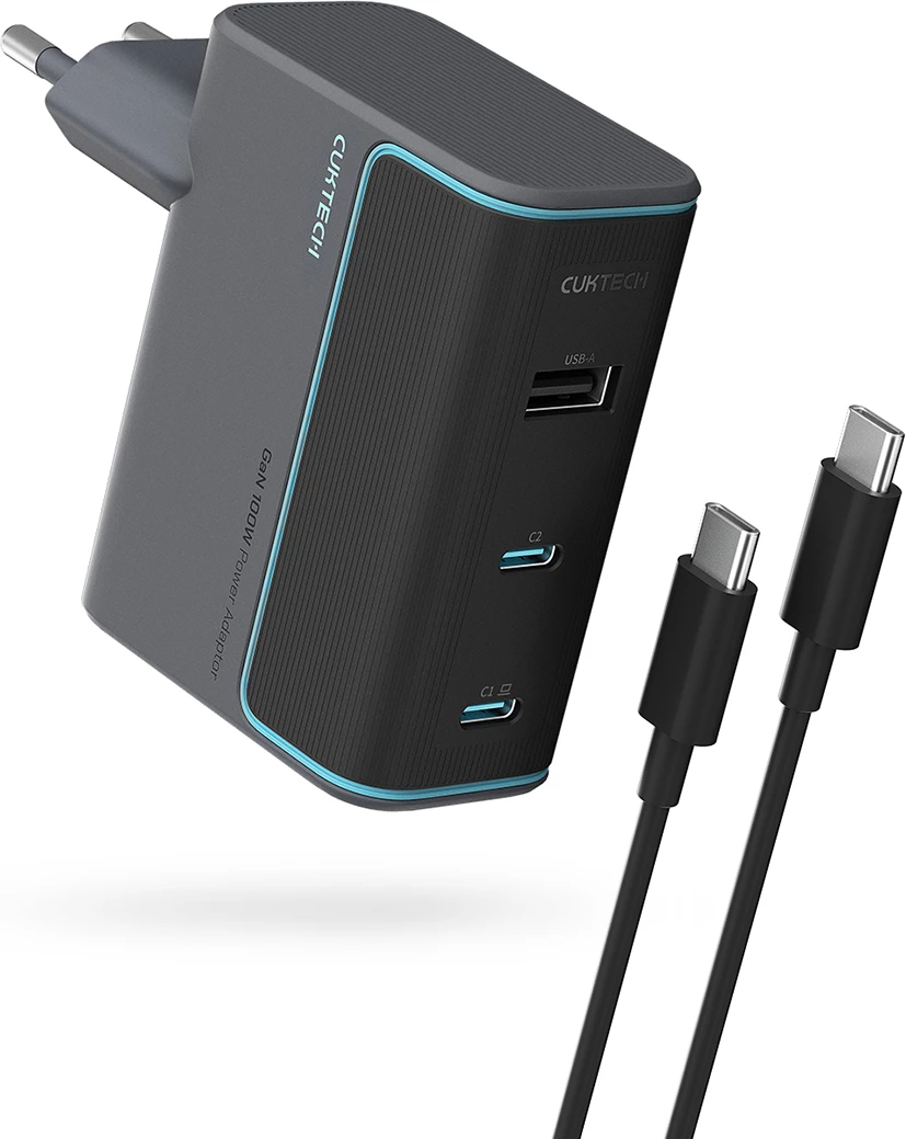 Karikues muri Cuktech CUKAD1003EUG GaN, 100W, 2x USB-C, 1x USB-A, me kabllo USB-C, Gri