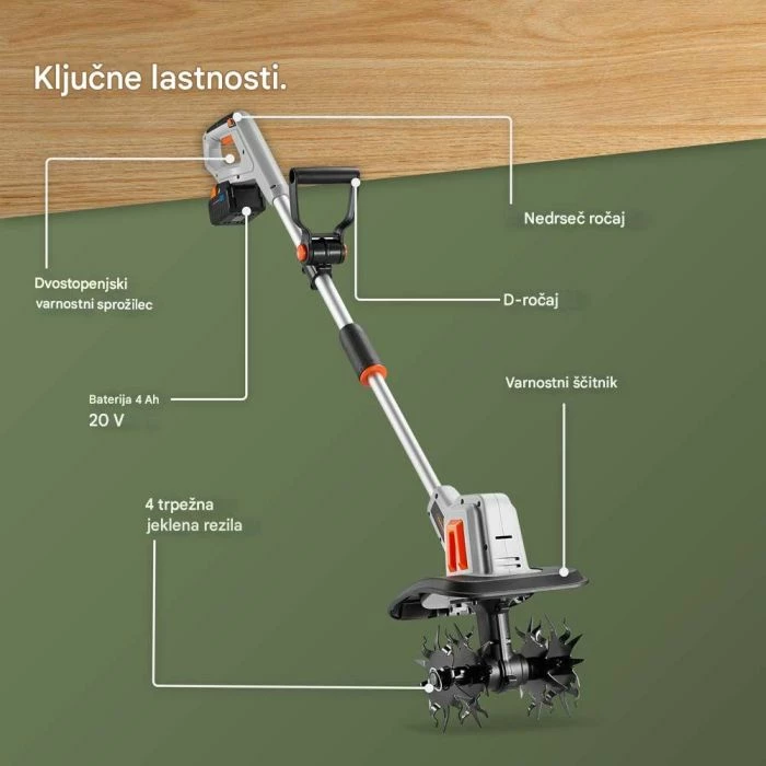 frezë kopshti pa kabllo VONHAUS G-Series 20V (MPN 3519011), bateri 4Ah, gjerësi pune 20cm, thellësi 16cm, gri/portokalli/zezë