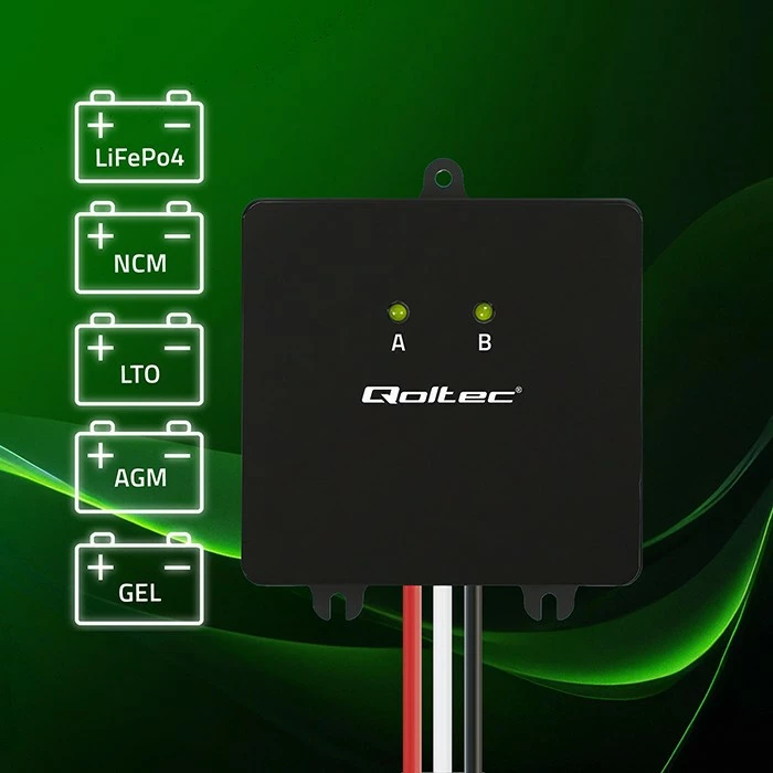 Balancues tensioni Qoltec 51097 për 2x12V bateri, 24V, 5A, i zi