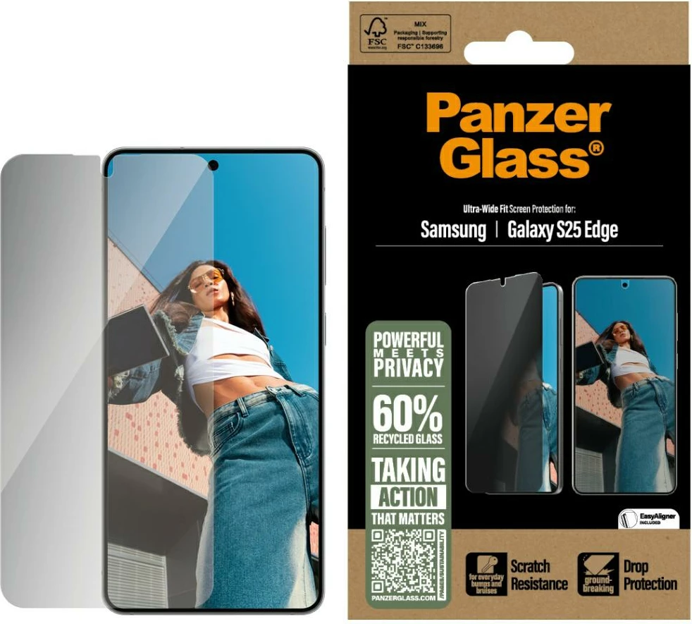 Xham mbrojtës PanzerGlass Ultra-Wide Fit Privacy për Samsung Galaxy S25 Edge, Transparent