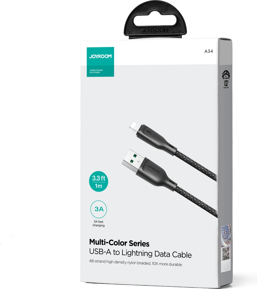 Kabllo Joyroom Multi-Color Series S-A34, USB-A në Lightning, 1m, 3A, e zezë