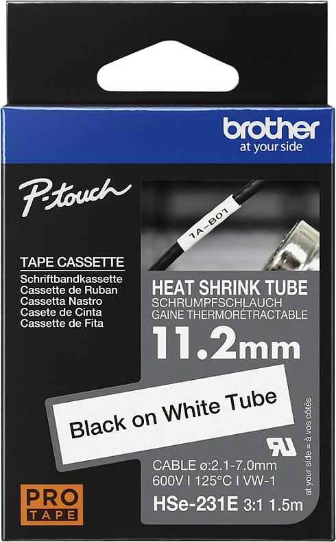 Kasetë tub termo-tkurrës Brother HSe-231E, 11.2mm, e zezë në të bardhë, 1.5m