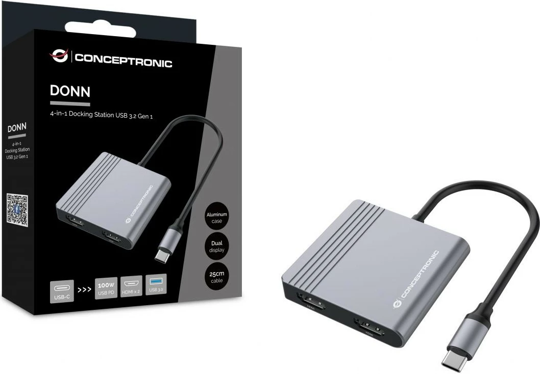 Dock Conceptronic 4-1 USB-C, 2x HDMI, USB 3.0, 100W PD, 25cm, gri