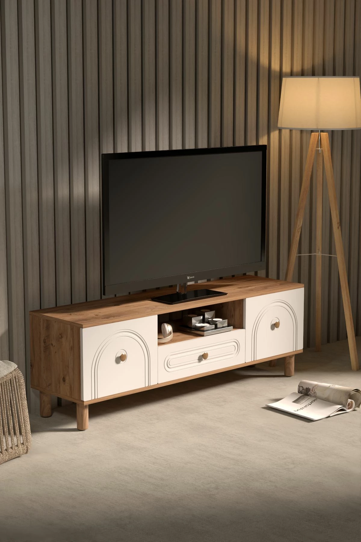 Komodë TV Skye Decor, Serenta 180, ngjyrë Atlantic Pine dhe e bardhë