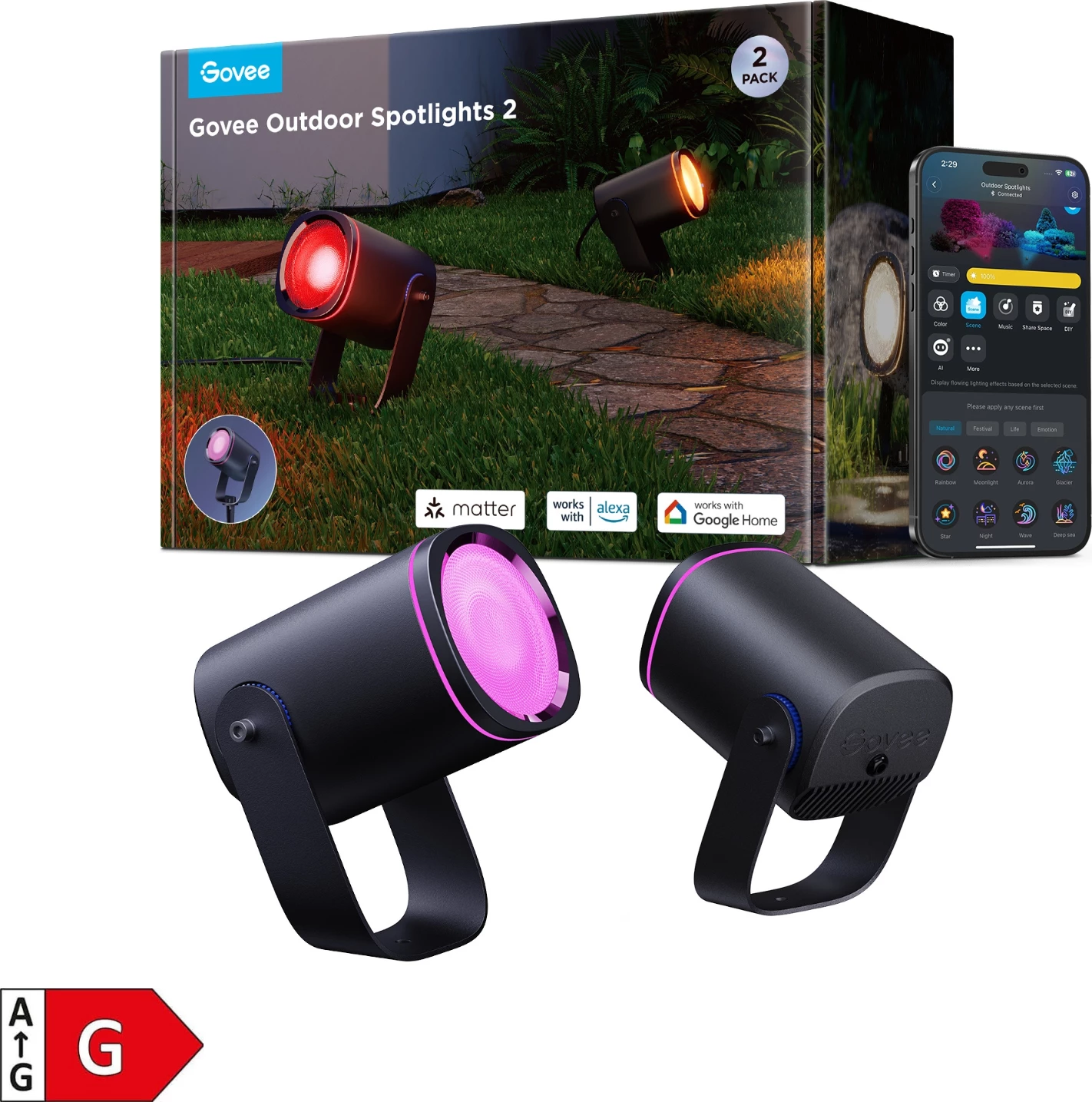 Reflektorë LED të jashtëm Govee Outdoor Spotlights 2, RGBWIC 16M ngjyra, IP67, Matter/Alexa/Google, 2 copë, të zeza
