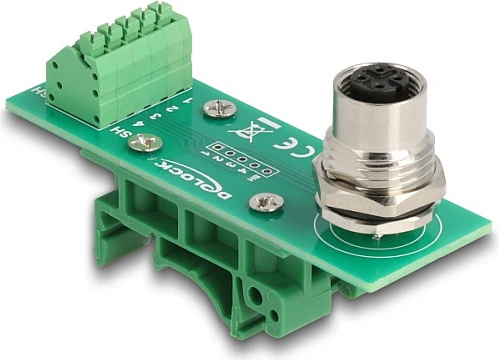 Adapter modul DeLOCK M12 A-koduar, 4-pin femër në terminal bllok 5-pin, për shinë DIN, i gjelbër