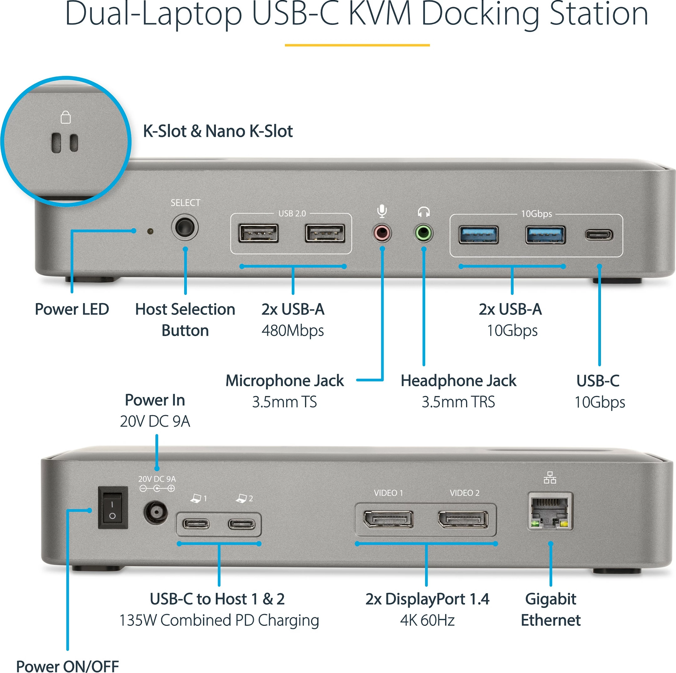 Docking Station KVM USB-C StarTech, Dual Monitor DisplayPort 4K 60Hz, PD 90W/45W, GbE, 5-Port USB Hub, argjend