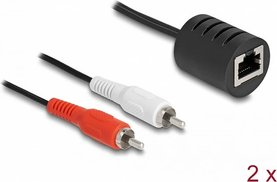 Zgjatës audio stereo DeLOCK RJ45 në 2x RCA, Cat.5 deri 50 m, set 2 copë, zi/kuqe/bardhë