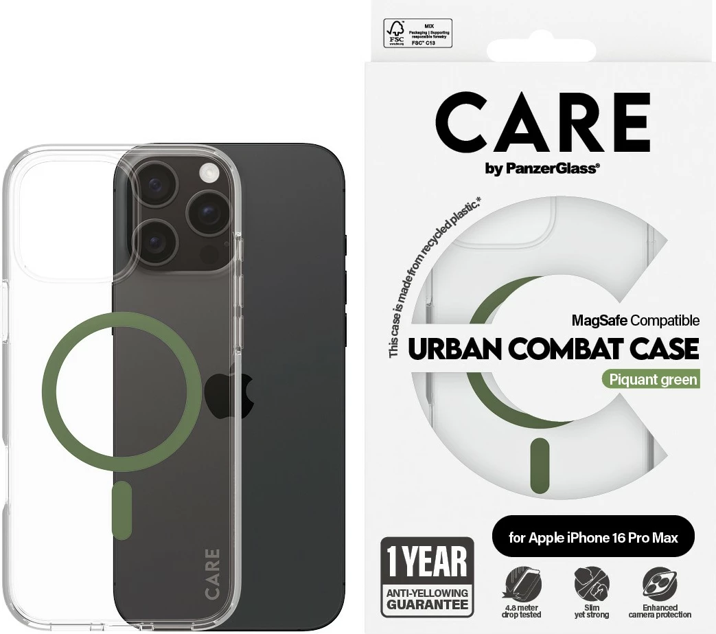 Mbështjellës PanzerGlass CARE Case Flagship MagSAFE për iPhone 16 Pro Max, transparent, green