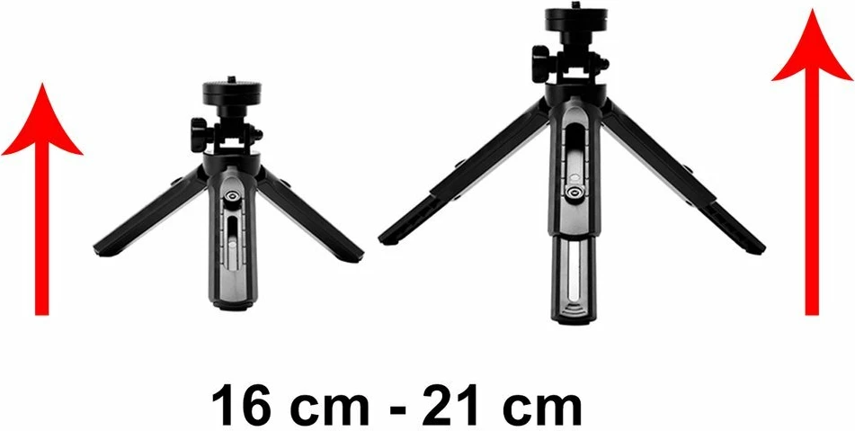 Mini tripod/selfie stick Hurtel 16-21 cm, për celular/GoPro, kllapë 55-90 mm, rrotullim 360°, i zi