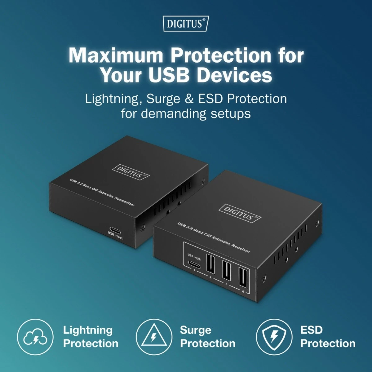 Set extender USB Digitus DA-73121, 3x USB-A, 1x USB-C, RJ45, 100m, i zi
