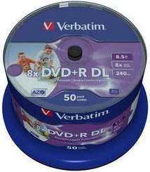 Disk DVD+R DL Verbatim 43703 8.5GB 8x, Wide Inkjet Printable, paketim 50 copë