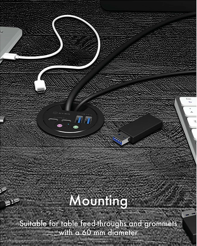 USB hub ICY BOX IB-HUB1403B, 4-port USB 3.0, montim në tavolinë, 4A, antracit