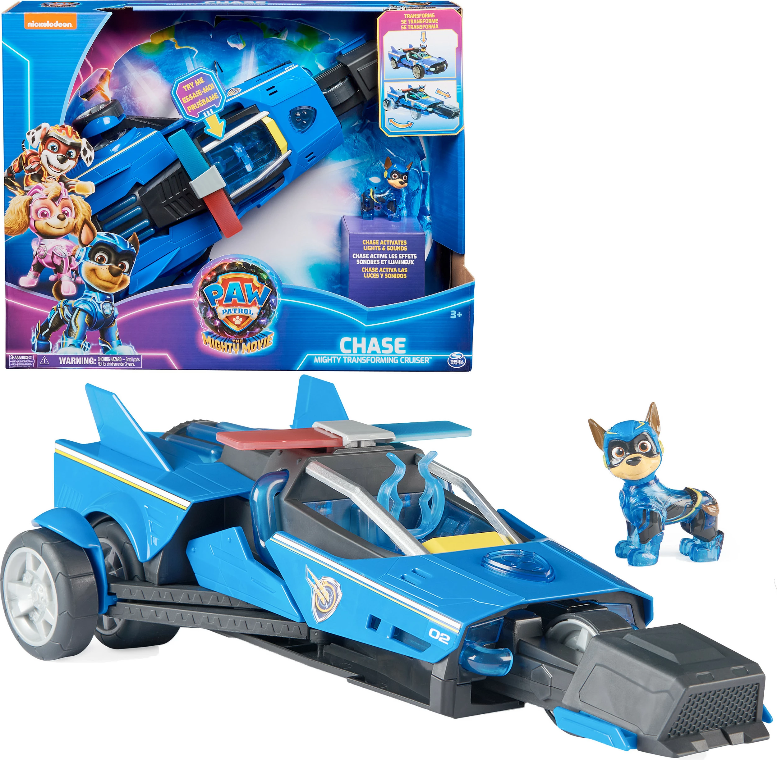 Veturë lodër SPIN MASTER PAW Patrol Mighty Transforming Cruiser Chase, drita dhe tinguj, me figurë, blu