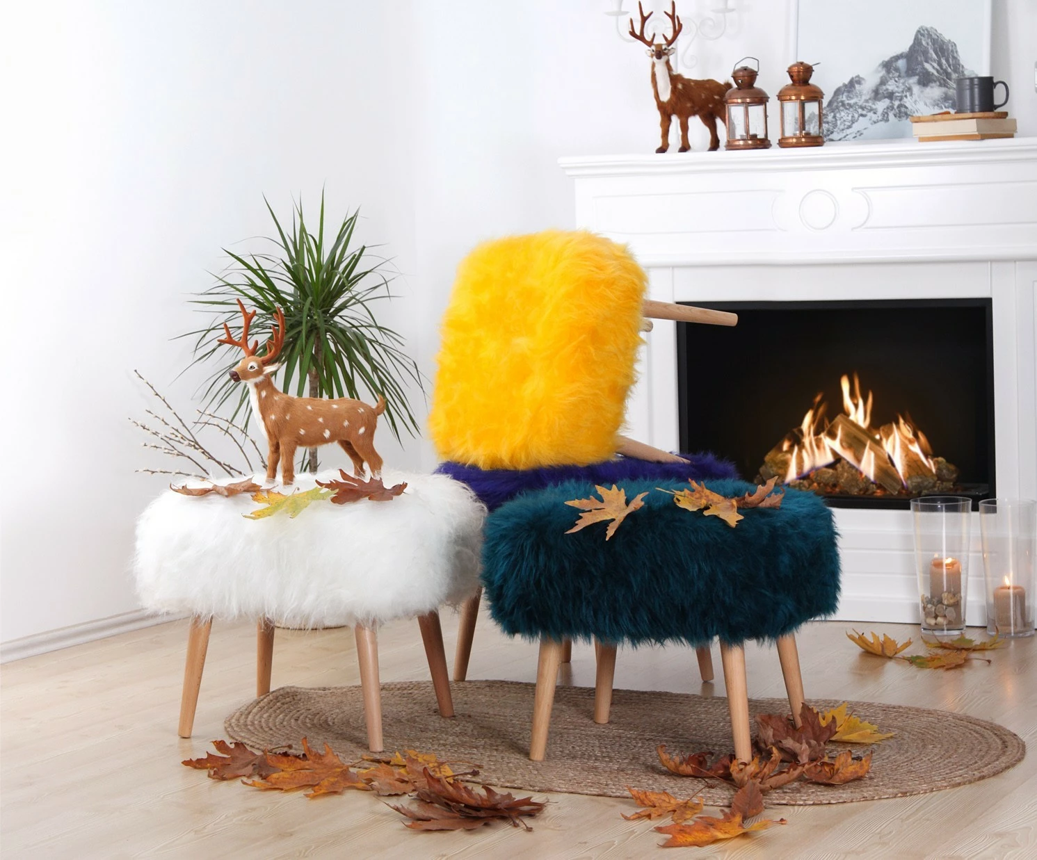 Puf skandinav, ngjyrë e bardhë, këmbë druri, Atelier del Sofa, Deer