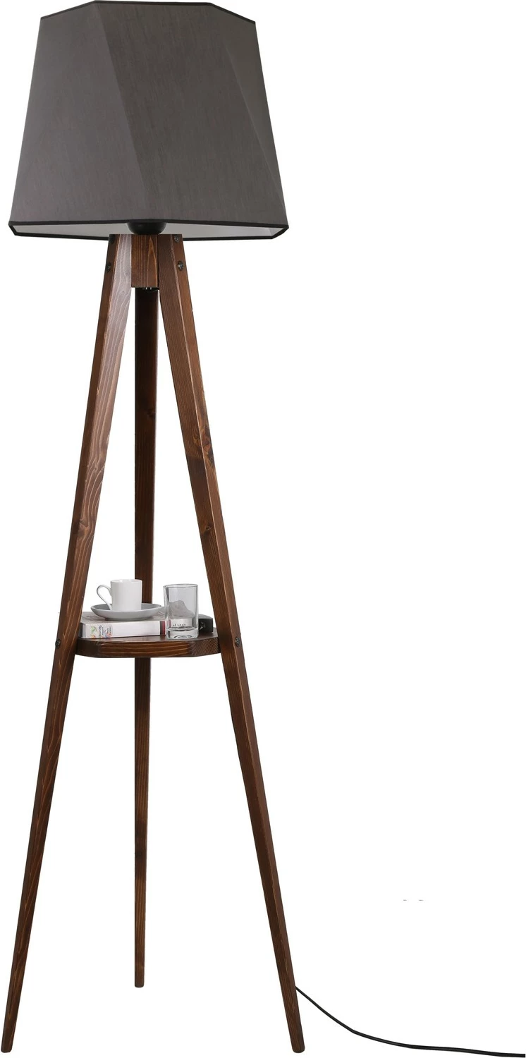 Llambë dyshemeje me rafte, Opviq, tripod, ngjyrë kafe dhe gri e errët, Sehbalı Tripod Lambader Ceviz Altıgen Koyu Gri Abajurlu