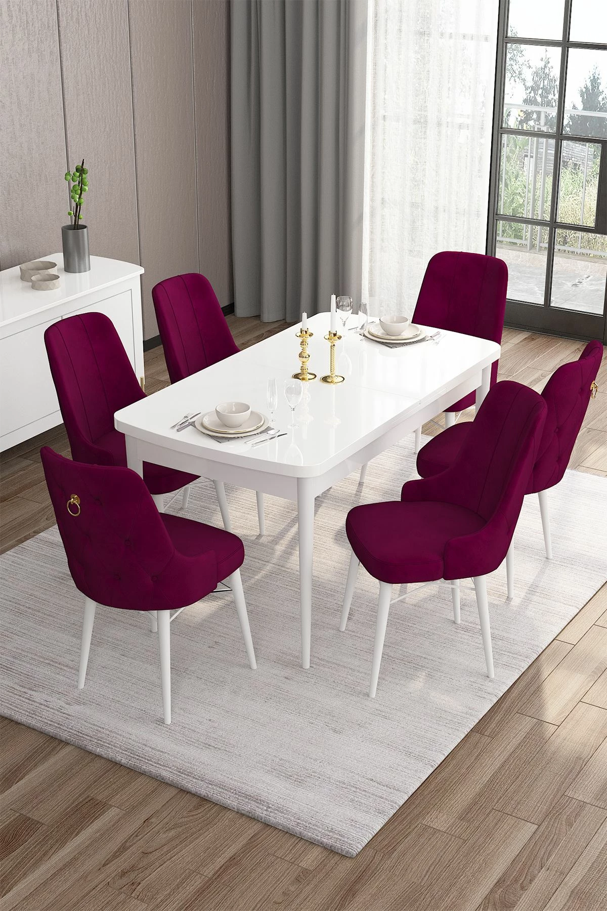 Set tavolinë me karrige për ngrënie, zgjatshëm, 7 copë, ngjyrë e bardhë dhe damson, Skye Decor