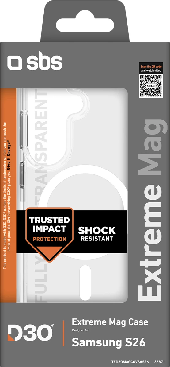 Mbështjellës SBS Extreme D3O për Samsung Galaxy S26, kompatibil me MagSafe, D3O, transparent