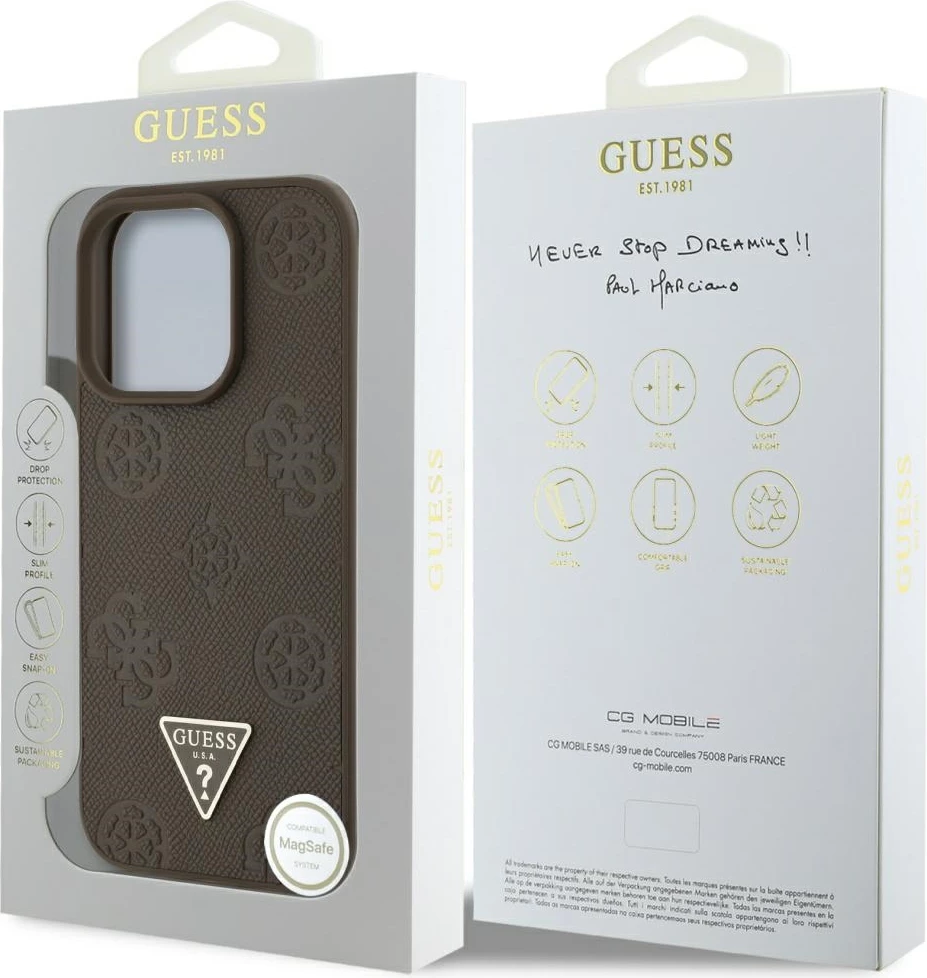 Mbështjellës Guess Grained Hot Stamp Peony Triangle Logo MagSafe për iPhone 16 Pro, Kafe