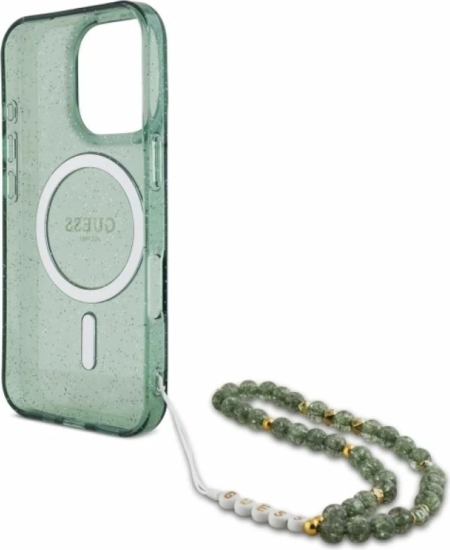 Kapak telefoni Guess IML Glitter me rrip perlash MagSafe për iPhone 16 Pro Max, i gjelbër