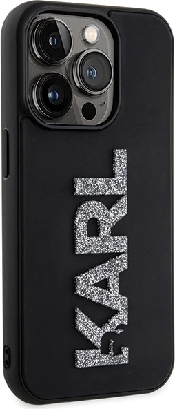 Mbështjellës Karl Lagerfeld 3D Rubber Glitter Logo për iPhone 15 Pro Max, zi