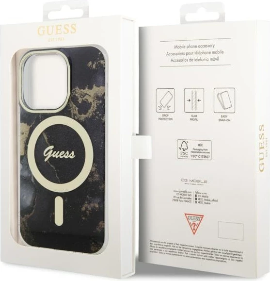 Mbështjellës Guess GUHMP14XHTMRSK për iPhone 14 Pro Max 6.7", Golden Marble, MagSafe, zi