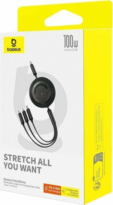 Kabllo USB Baseus Free2Draw BSU4920, USB-C në USB-C + microUSB + Lightning, 1.1 m, 100W, e zezë