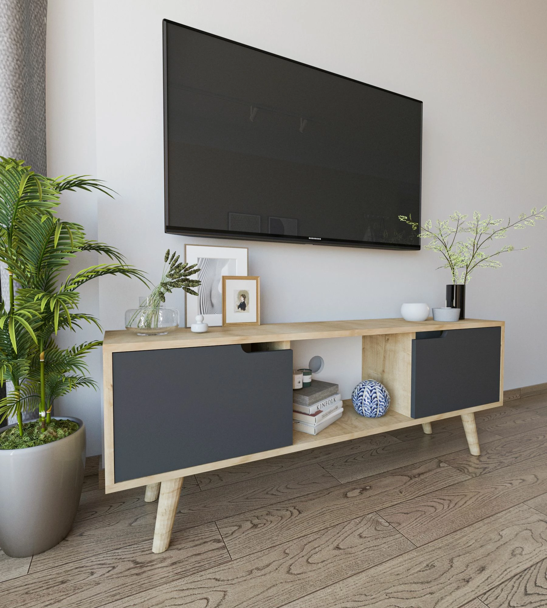 Komodë për TV Skye Decor, ngjyrë lisi Siena-Sapphire, antracit