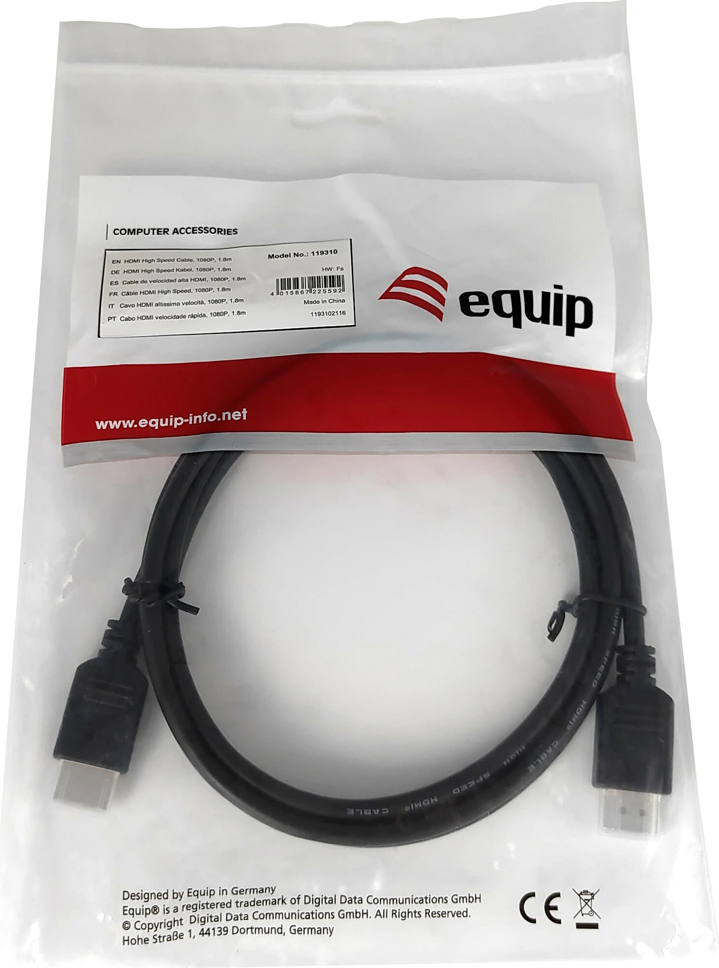 Kabëll HDMI Equip 1.8m, 1080p, i zi