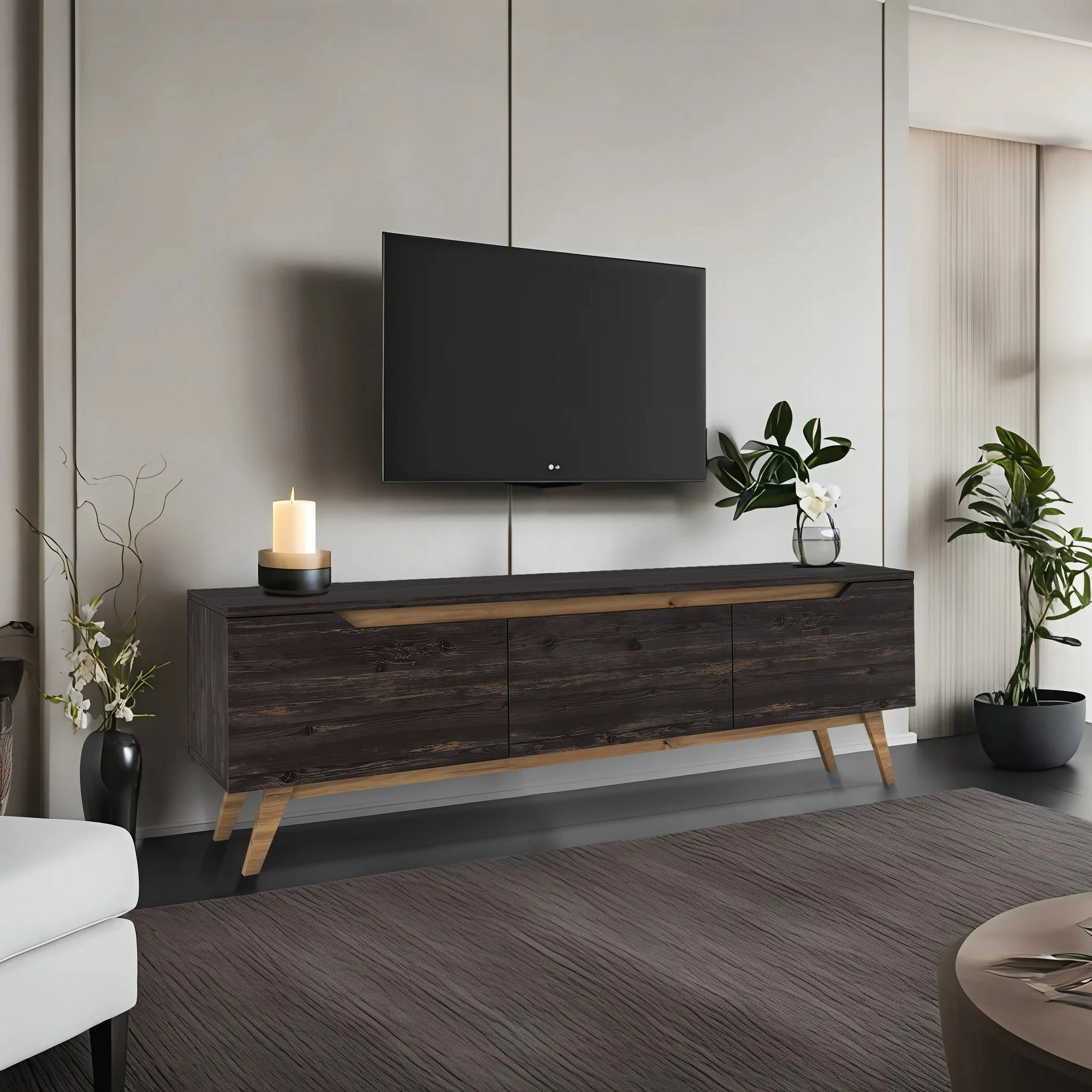 Komodë TV Skye Decor, D1 - 1009, ngjyrë e zezë dhe arre