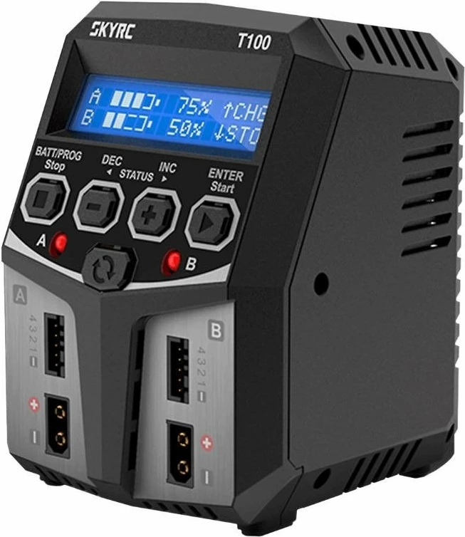Karikues SkyRC T100, 2x50W, për bateri LiPo/LiFe/NiMH/Pb, i zi