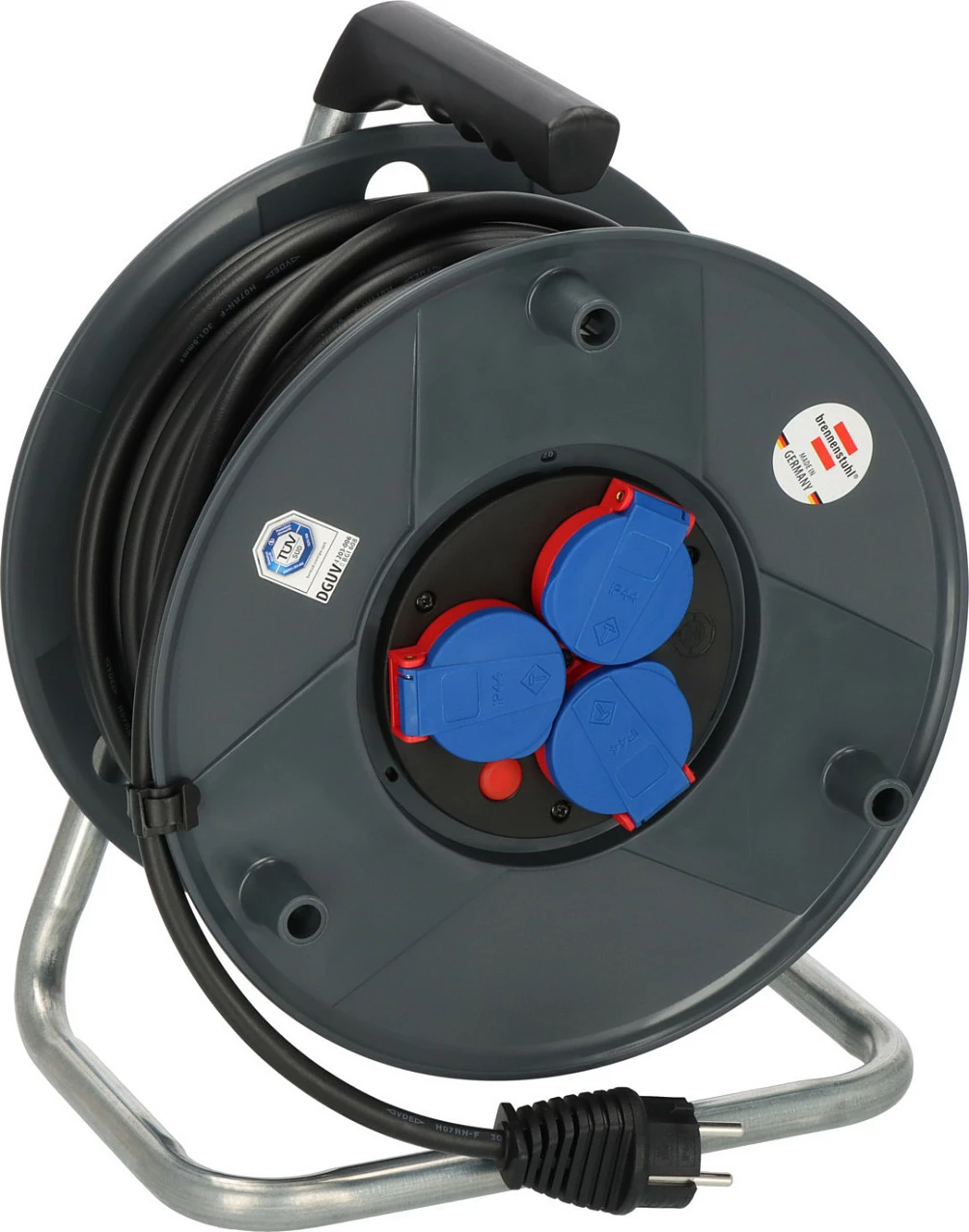 Tambur kablli Brennenstuhl 40m IP44, 3 prizë, H07RN-F 3G1.5, Type E, zi/blu/kuq